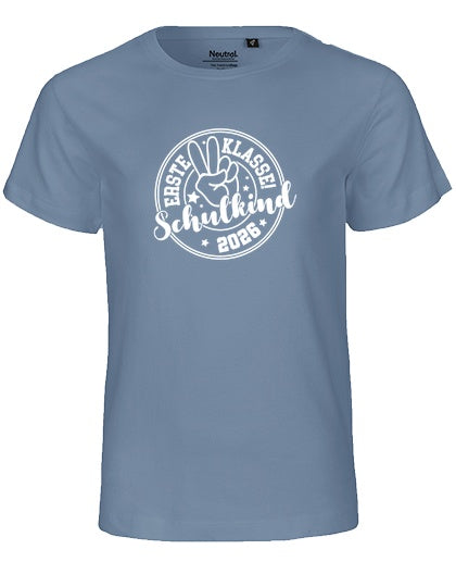 MiMaMäuschen Kinder Bio T-Shirt Schulkind Erste Klasse Peace (weißer Druck) 1 – Dusty Indigo