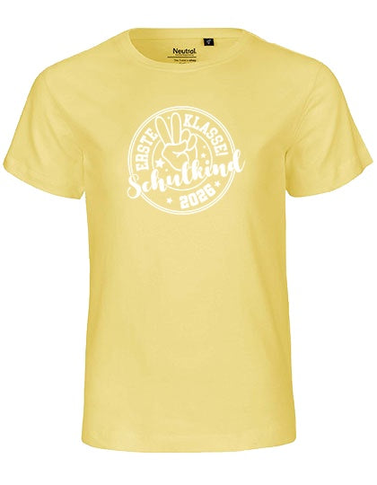 MiMaMäuschen Kinder Bio T-Shirt Schulkind Erste Klasse Peace (weißer Druck) 1 – Dusty Yellow