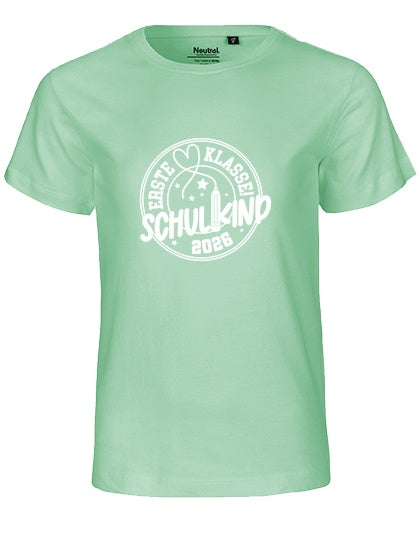MiMaMäuschen Kinder Bio T-Shirt Schulkind Erste Klasse Stift (weißer Druck) 1 – Dusty Mint