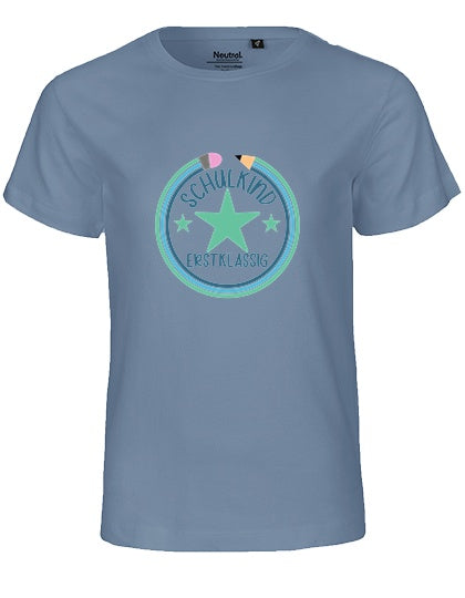 MiMaMäuschen Kinder Bio T-Shirt Schulkind Erstklassig Stifte 1 – Dusty Indigo