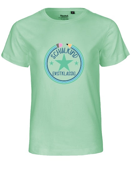 MiMaMäuschen Kinder Bio T-Shirt Schulkind Erstklassig Stifte 1 – Dusty Mint