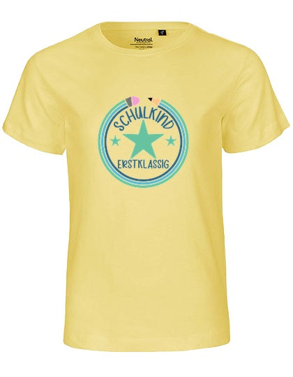MiMaMäuschen Kinder Bio T-Shirt Schulkind Erstklassig Stifte 1 – Dusty Yellow