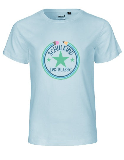 MiMaMäuschen Kinder Bio T-Shirt Schulkind Erstklassig Stifte 1 – Light Blue
