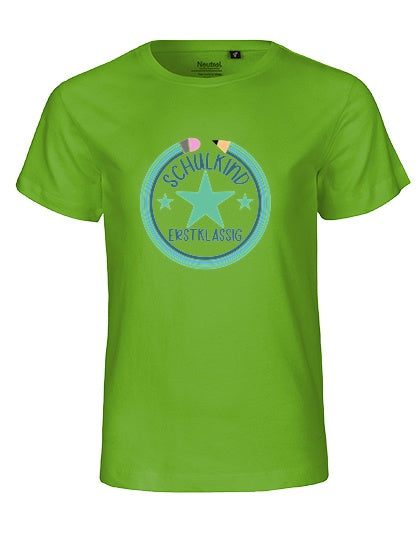 MiMaMäuschen Kinder Bio T-Shirt Schulkind Erstklassig Stifte 3 – Lime