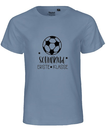 MiMaMäuschen Kinder Bio T-Shirt Schulkind Fussball (schwarzer Druck) 1 – Dusty Indigo