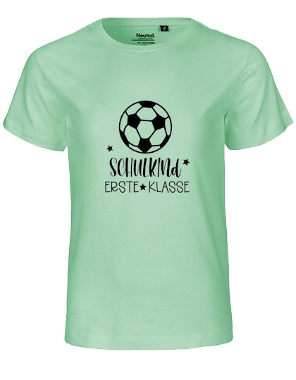 MiMaMäuschen Kinder Bio T-Shirt Schulkind Fussball (schwarzer Druck) 1 – Dusty Mint