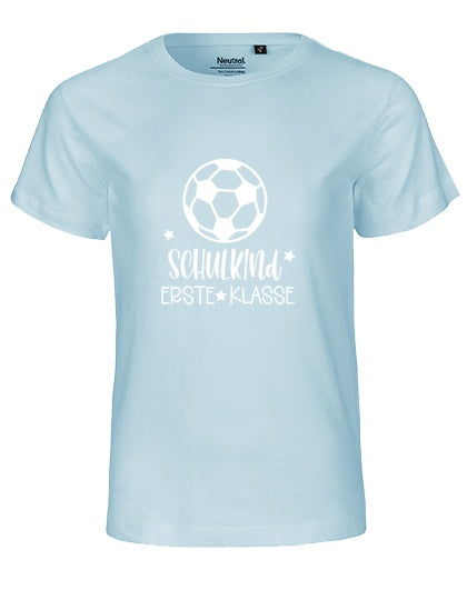 MiMaMäuschen Kinder Bio T-Shirt Schulkind Fussball (weißer Druck) 1 – Light Blue