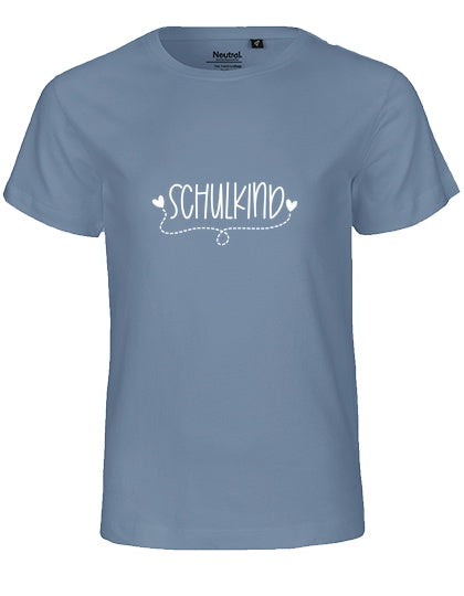 MiMaMäuschen Kinder Bio T-Shirt Schulkind Herzen (weißer Druck) 1 – Dusty Indigo