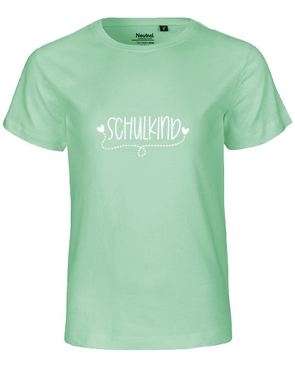 MiMaMäuschen Kinder Bio T-Shirt Schulkind Herzen (weißer Druck) 1 – Dusty Mint