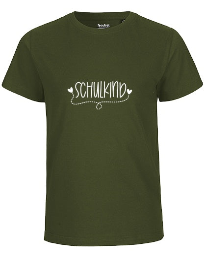 MiMaMäuschen Kinder Bio T-Shirt Schulkind Herzen (weißer Druck) 2 – Military