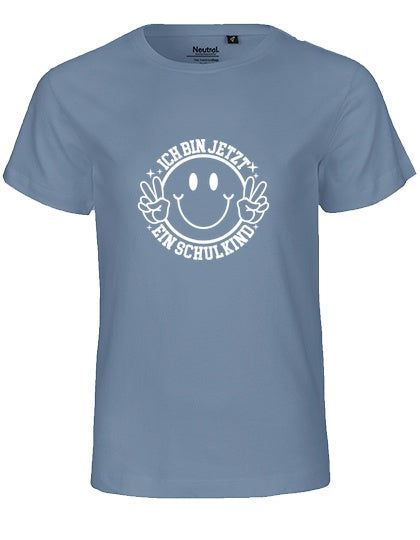 MiMaMäuschen Kinder Bio T-Shirt Schulkind Ich bin jetzt ein Schulkind (weißer Druck) 1 – Dusty Indigo