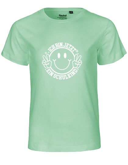 MiMaMäuschen Kinder Bio T-Shirt Schulkind Ich bin jetzt ein Schulkind (weißer Druck) 1 – Dusty Mint