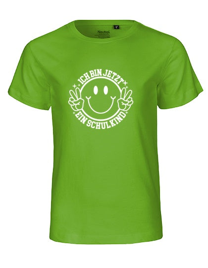 MiMaMäuschen Kinder Bio T-Shirt Schulkind Ich bin jetzt ein Schulkind (weißer Druck) 3 – Lime
