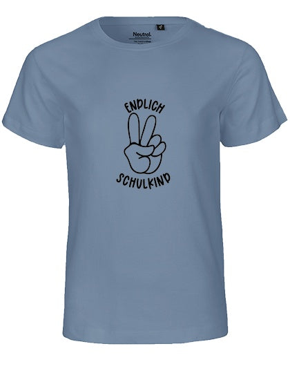 MiMaMäuschen Kinder Bio T-Shirt Schulkind Endlich Schulkind Peace (schwarzer Druck) 1 – Dusty Indigo
