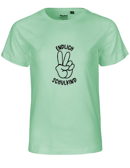 MiMaMäuschen Kinder Bio T-Shirt Schulkind Endlich Schulkind Peace (schwarzer Druck) 1 – Dusty Mint