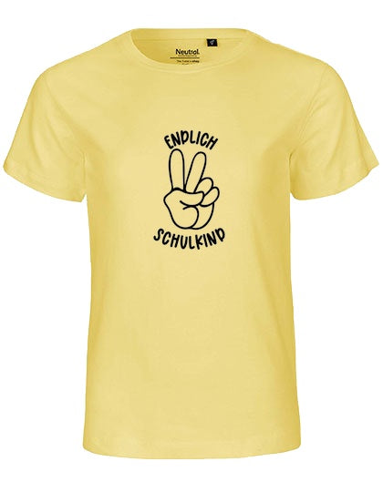 MiMaMäuschen Kinder Bio T-Shirt Schulkind Endlich Schulkind Peace (schwarzer Druck) 1 – Dusty Yellow