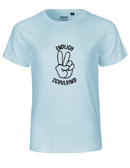 MiMaMäuschen Kinder Bio T-Shirt Schulkind Endlich Schulkind Peace (schwarzer Druck) 1 – Light Blue