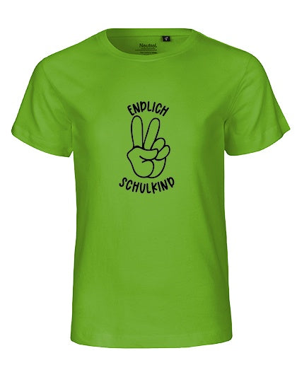 MiMaMäuschen Kinder Bio T-Shirt Schulkind Endlich Schulkind Peace (schwarzer Druck) 3 – Lime