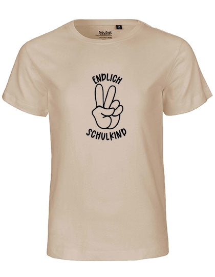 MiMaMäuschen Kinder Bio T-Shirt Schulkind Endlich Schulkind Peace (schwarzer Druck) 3 – Sand