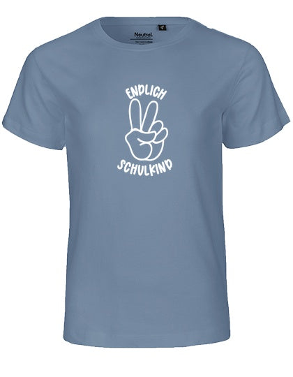 MiMaMäuschen Kinder Bio T-Shirt Schulkind Endlich Schulkind Peace (weißer Druck) 1 – Dusty Indigo