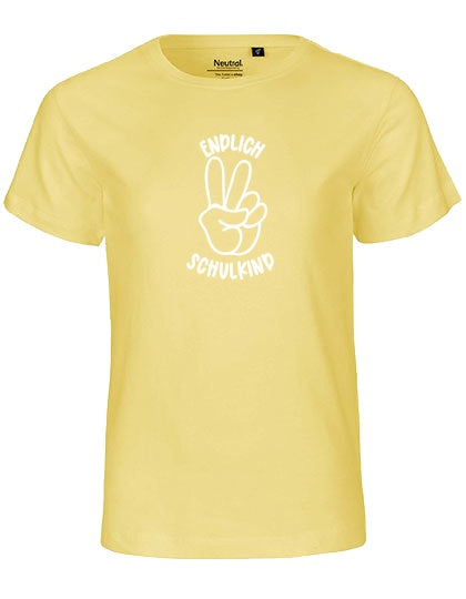 MiMaMäuschen Kinder Bio T-Shirt Schulkind Endlich Schulkind Peace (weißer Druck) 1 – Dusty Yellow