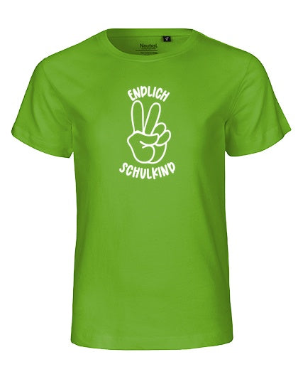MiMaMäuschen Kinder Bio T-Shirt Schulkind Endlich Schulkind Peace (weißer Druck) 3 – Lime