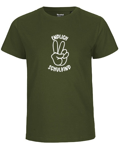 MiMaMäuschen Kinder Bio T-Shirt Schulkind Endlich Schulkind Peace (weißer Druck) 2 – Military