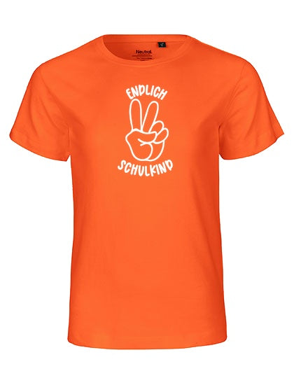 MiMaMäuschen Kinder Bio T-Shirt Schulkind Endlich Schulkind Peace (weißer Druck) 2 – Orange
