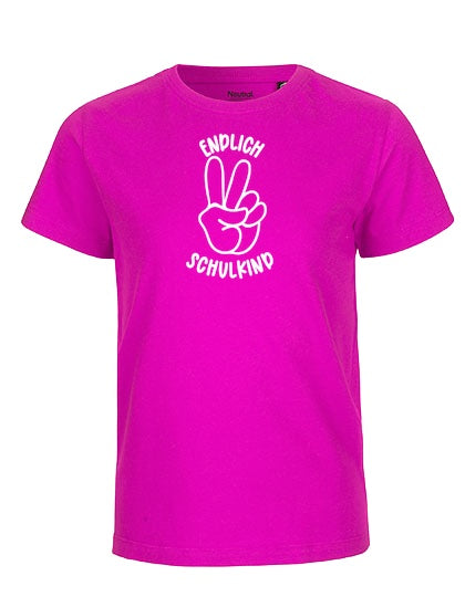 MiMaMäuschen Kinder Bio T-Shirt Schulkind Endlich Schulkind Peace (weißer Druck) 3 – Pink