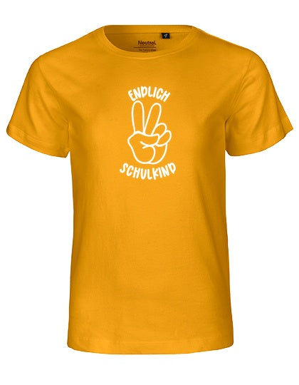 MiMaMäuschen Kinder Bio T-Shirt Schulkind Endlich Schulkind Peace (weißer Druck) 2 – Yellow