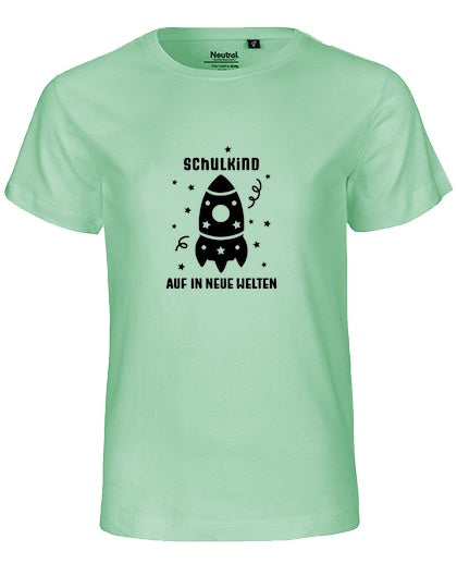 MiMaMäuschen Kinder Bio T-Shirt Schulkind Rakete (schwarzer Druck) 1 – Dusty Mint