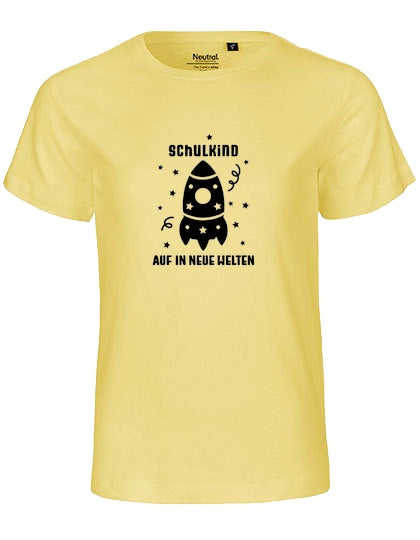 MiMaMäuschen Kinder Bio T-Shirt Schulkind Rakete (schwarzer Druck) 1 – Dusty Yellow