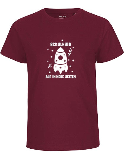 MiMaMäuschen Kinder Bio T-Shirt Schulkind Rakete (weißer Druck) 1 – Bordeaux