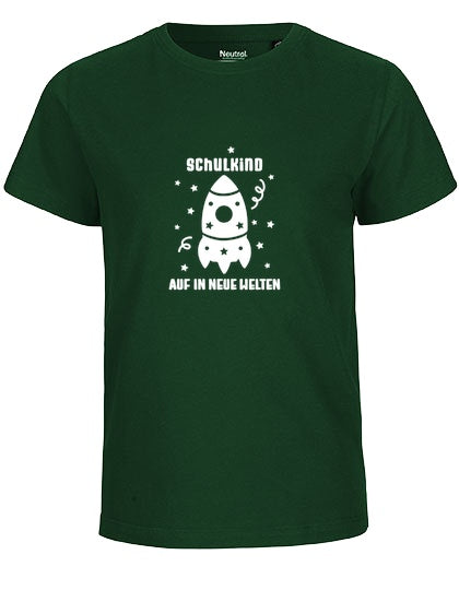 MiMaMäuschen Kinder Bio T-Shirt Schulkind Rakete (weißer Druck) 1 – Bottle Green