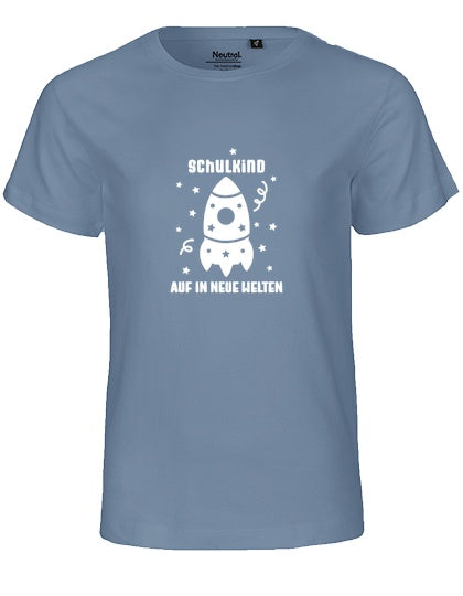 MiMaMäuschen Kinder Bio T-Shirt Schulkind Rakete (weißer Druck) 1 – Dusty Indigo