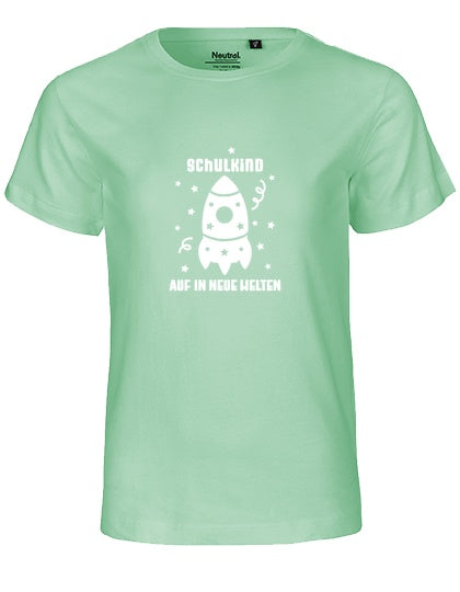 MiMaMäuschen Kinder Bio T-Shirt Schulkind Rakete (weißer Druck) 1 – Dusty Mint