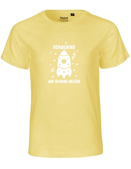 MiMaMäuschen Kinder Bio T-Shirt Schulkind Rakete (weißer Druck) 1 – Dusty Yellow