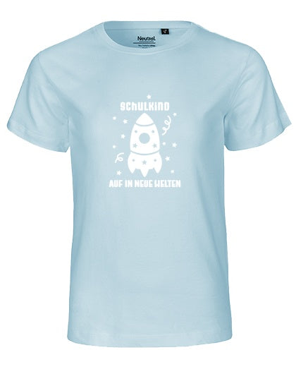 MiMaMäuschen Kinder Bio T-Shirt Schulkind Rakete (weißer Druck) 1 – Light Blue