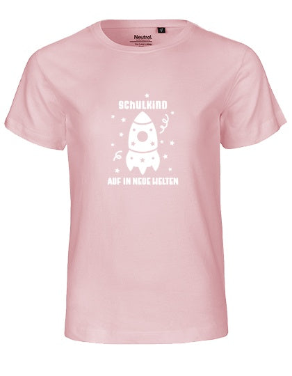MiMaMäuschen Kinder Bio T-Shirt Schulkind Rakete (weißer Druck) 1 – Light Pink