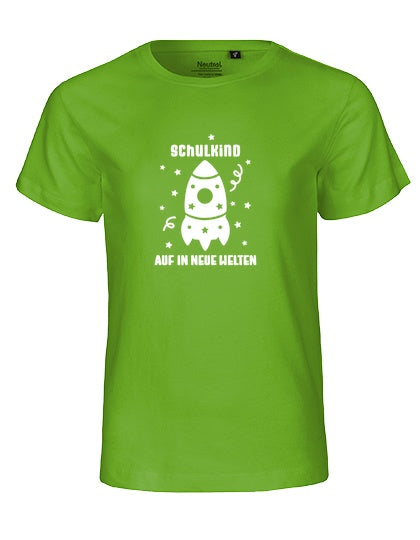 MiMaMäuschen Kinder Bio T-Shirt Schulkind Rakete (weißer Druck) 3 – Lime