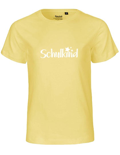 MiMaMäuschen Kinder Bio T-Shirt Schulkind Sterne (weißer Druck) 1 – Dusty Yellow