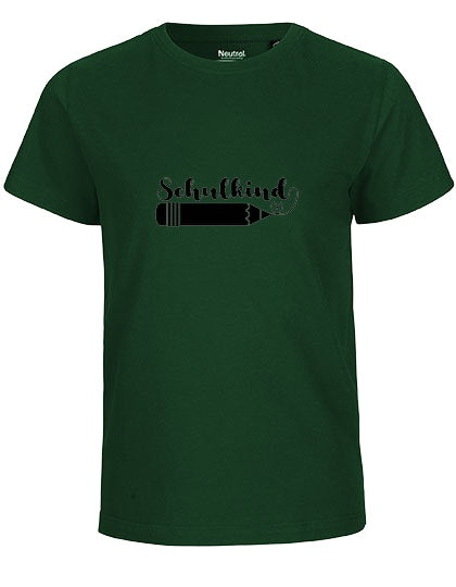 Kinder Bio T-Shirt Schulkind Stift (schwarzer Druck) – Flaschengrün