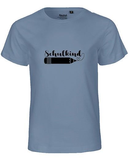 Kinder Bio T-Shirt Schulkind Stift (schwarzer Druck) – Dusty Indigo