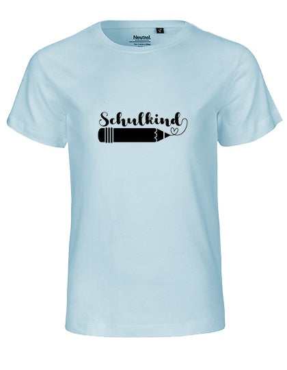 Kinder Bio T-Shirt Schulkind Stift (schwarzer Druck) – Hellblau