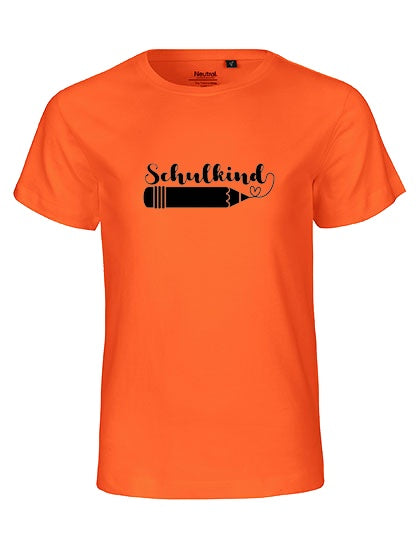 Kinder Bio T-Shirt Schulkind Stift (schwarzer Druck) – Orange