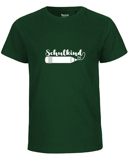 Kinder Bio T-Shirt Schulkind Stift (weißer Druck) – Flaschengrün