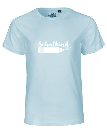 Kinder Bio T-Shirt Schulkind Stift (weißer Druck) – Hellblau
