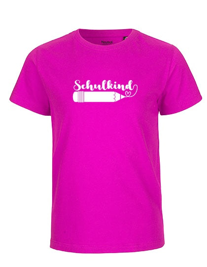 Kinder Bio T-Shirt Schulkind Stift (weißer Druck) – Pink