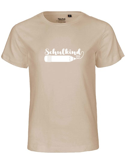 Kinder Bio T-Shirt Schulkind Stift (weißer Druck) – Sand