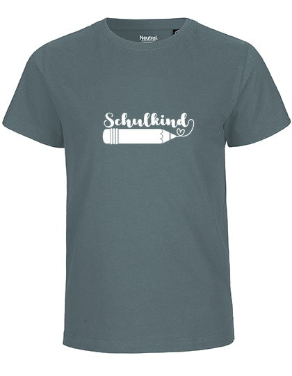 Kinder Bio T-Shirt Schulkind Stift (weißer Druck) – Teal
